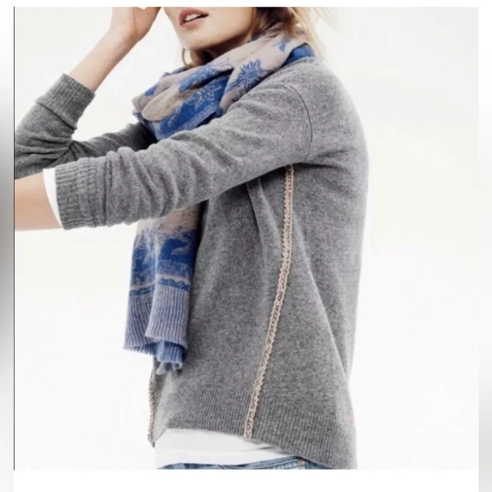 J Crew Gray Crew Neck Wool Sweater decorative metallic strip ribbon rhinestones